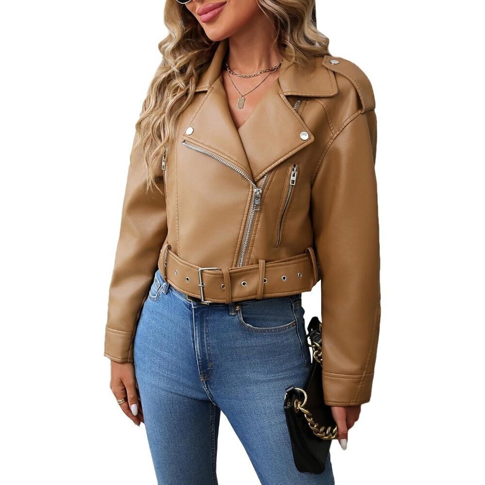 Women's Brown Faux Leather Cropped Jacket Vegan Motor Biker Coat with Belt